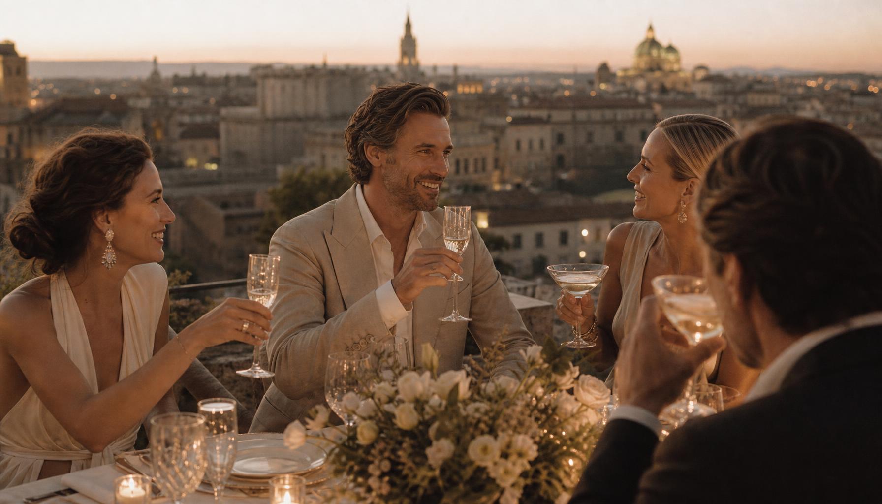 Adultos conversando en una cena al atardecer