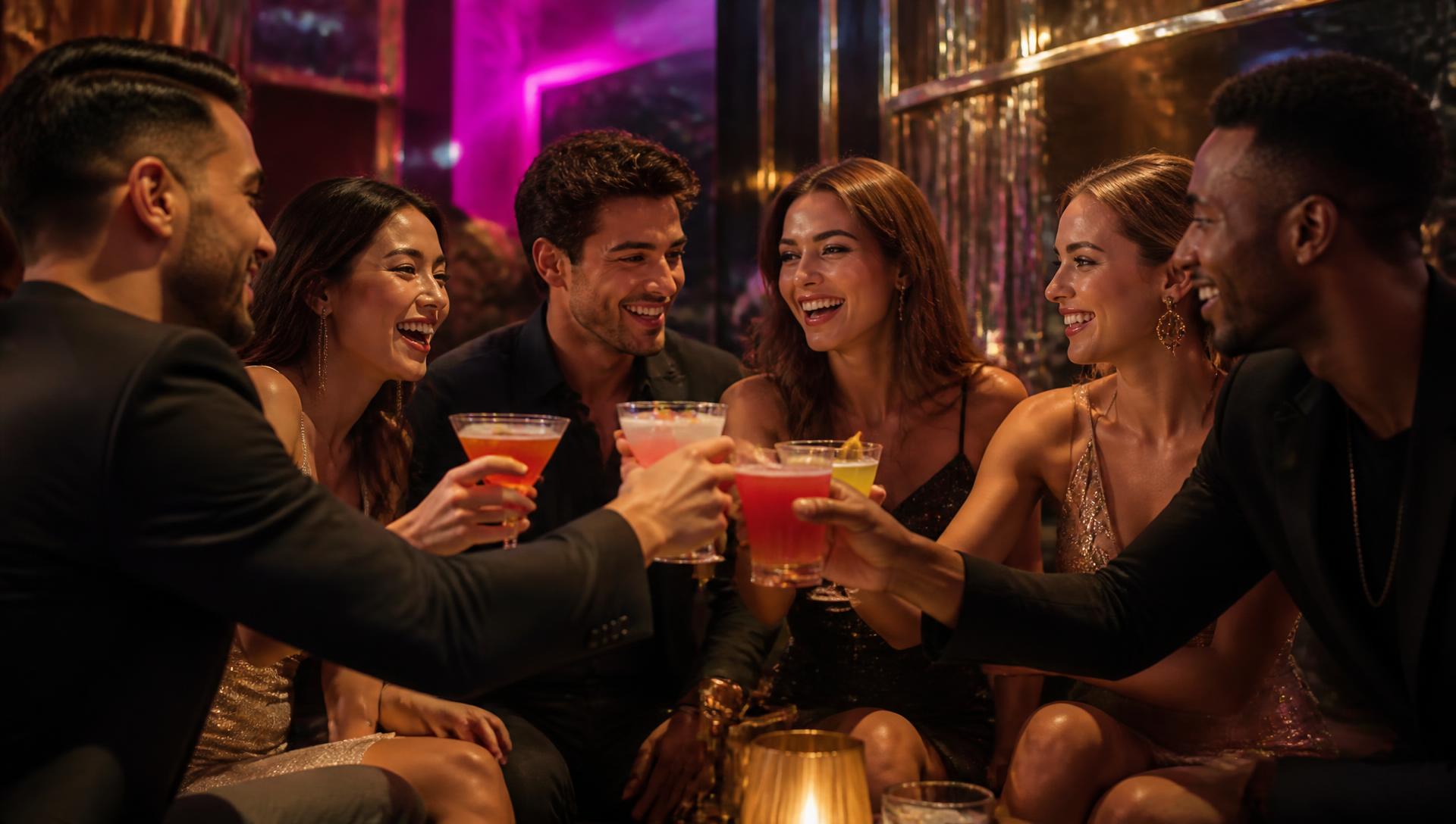 Grupo de amigos brindando y celebrando en un club nocturno elegante