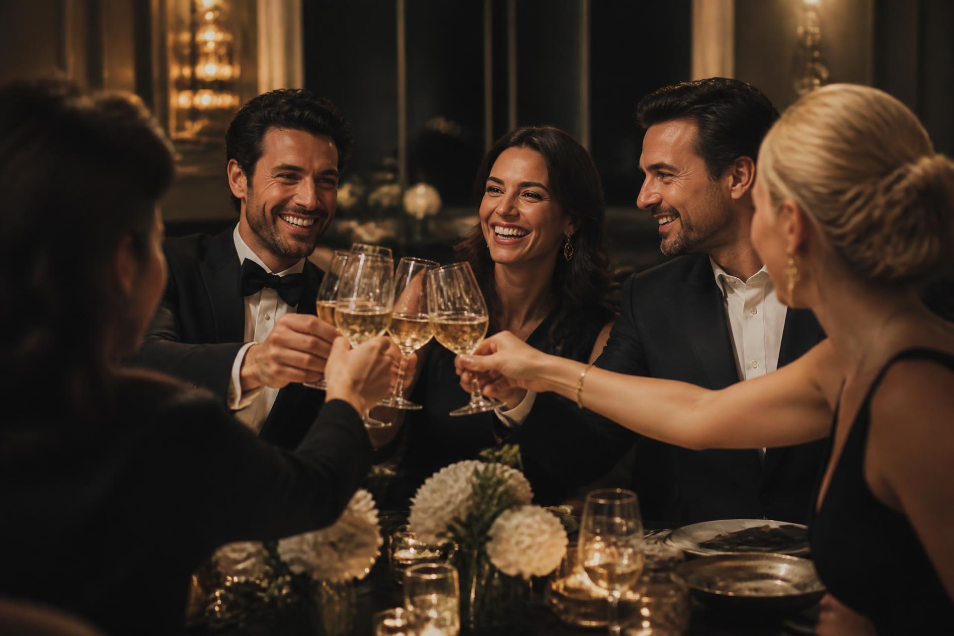 Adultos conversando en una cena elegante con luz cálida